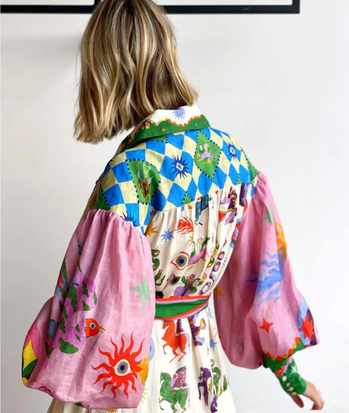 Printed Balloon Sleeve Belted Maxi Shirt Dress