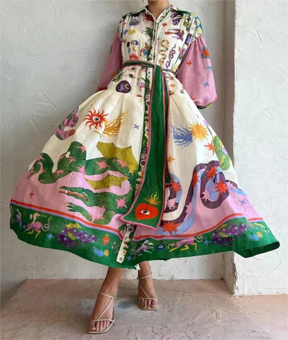 Printed Balloon Sleeve Belted Maxi Shirt Dress
