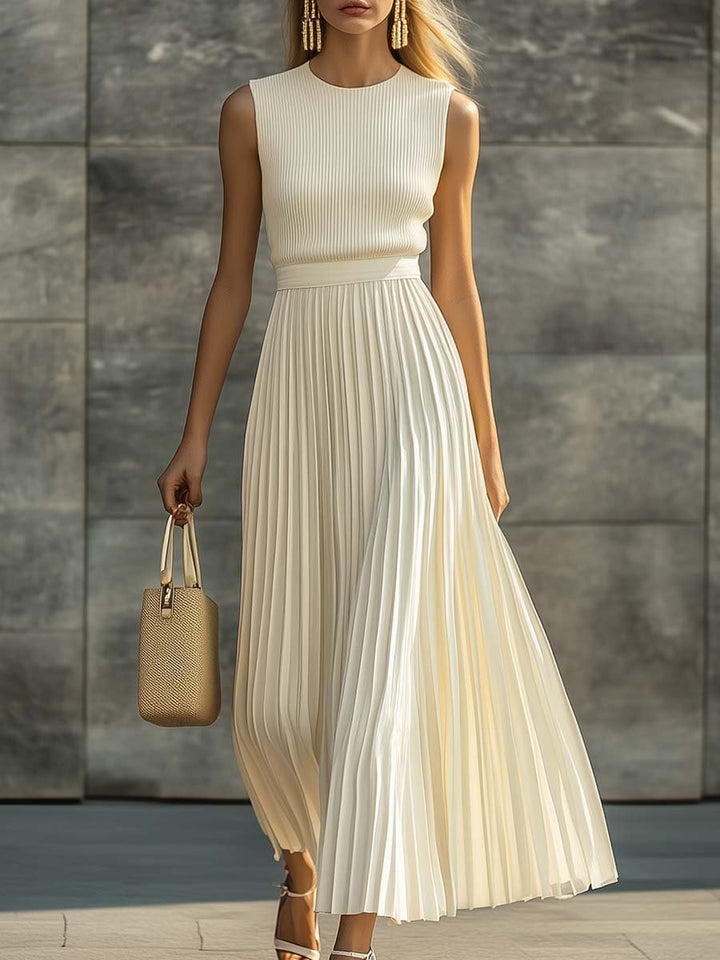 Cream Knit Maxi Dress – Sleeveless, Pleated Chiffon Hem