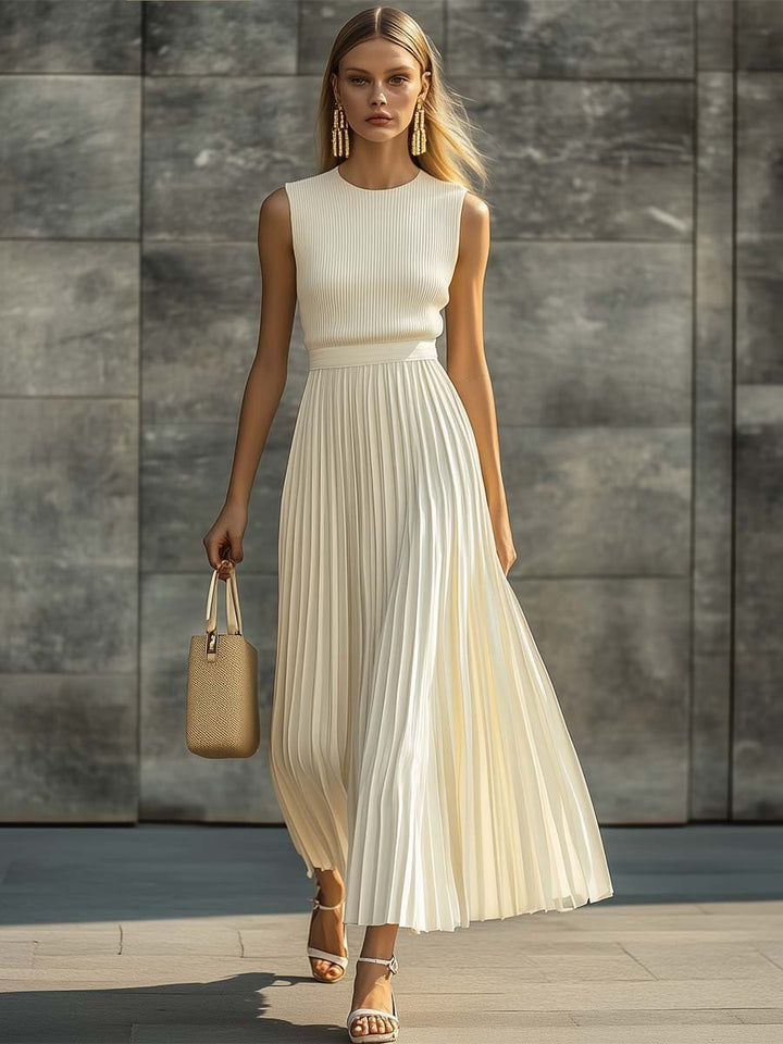 Cream Knit Maxi Dress – Sleeveless, Pleated Chiffon Hem