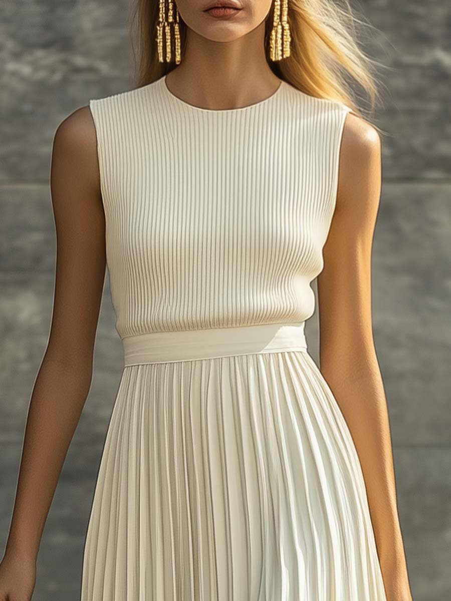 Cream Knit Maxi Dress – Sleeveless, Pleated Chiffon Hem