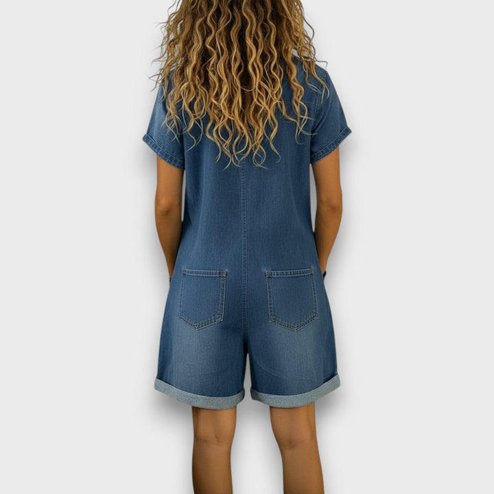 Georgina | Vintage Cotton Denim-Look Short Jumpsuit