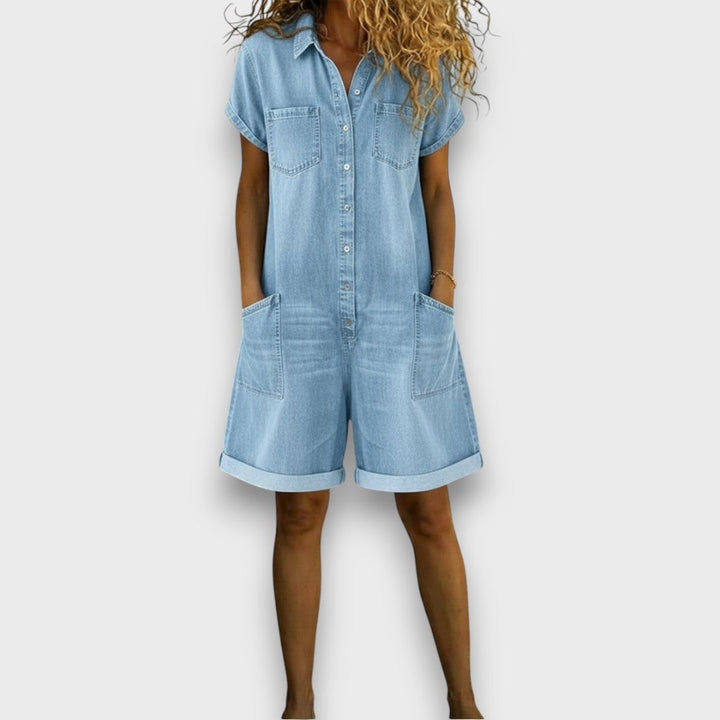 Georgina | Vintage Cotton Denim-Look Short Jumpsuit