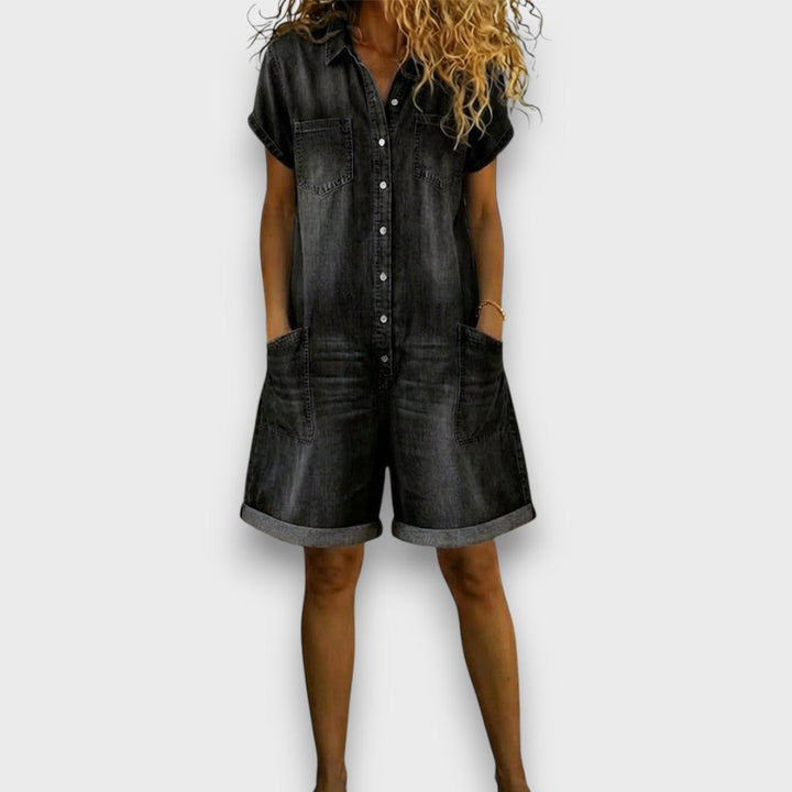 Georgina | Vintage Cotton Denim-Look Short Jumpsuit
