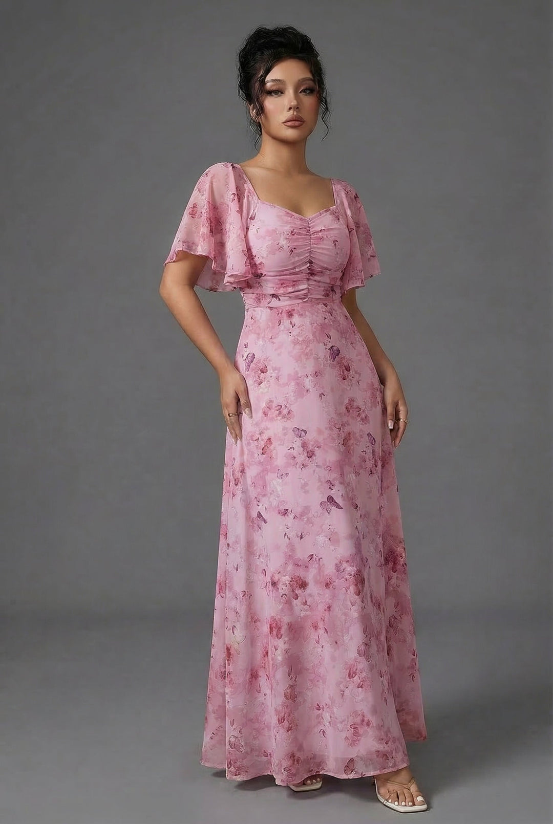 Floral Flutter Sleeve Wedding Guest Maxi Dress