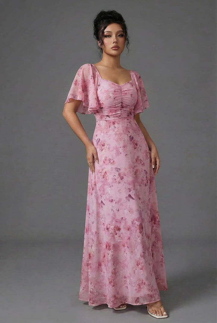 Floral Flutter Sleeve Wedding Guest Maxi Dress