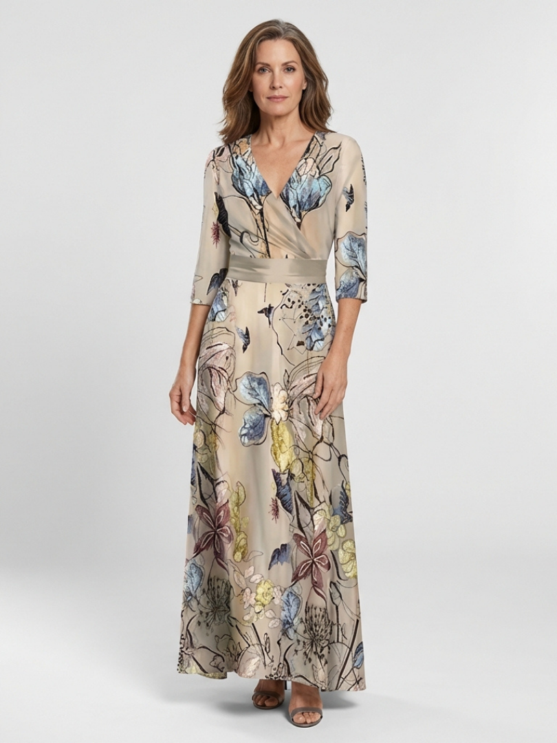 Floral Wrap Maxi Dress with Three-Quarter Sleeves