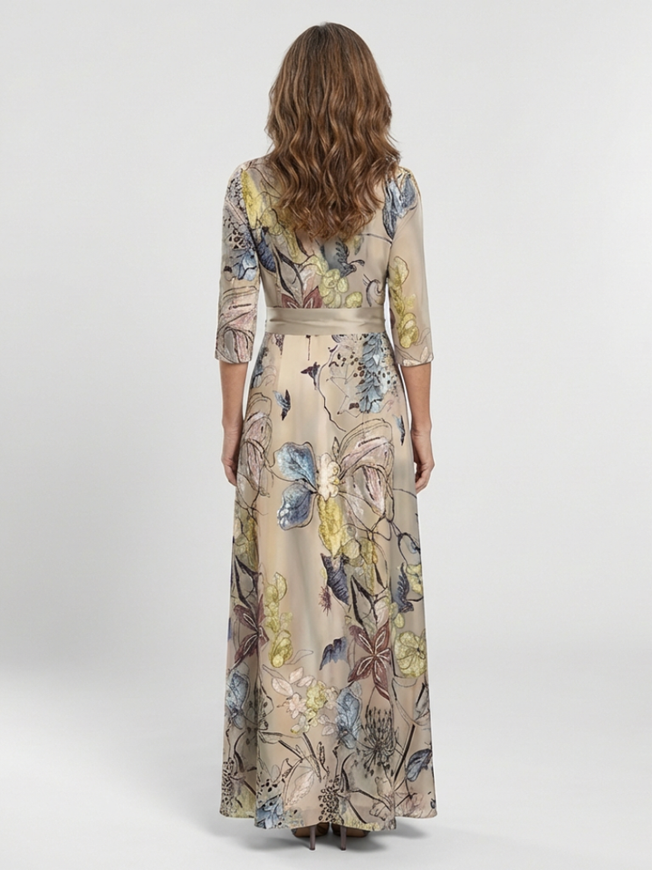Floral Wrap Maxi Dress with Three-Quarter Sleeves