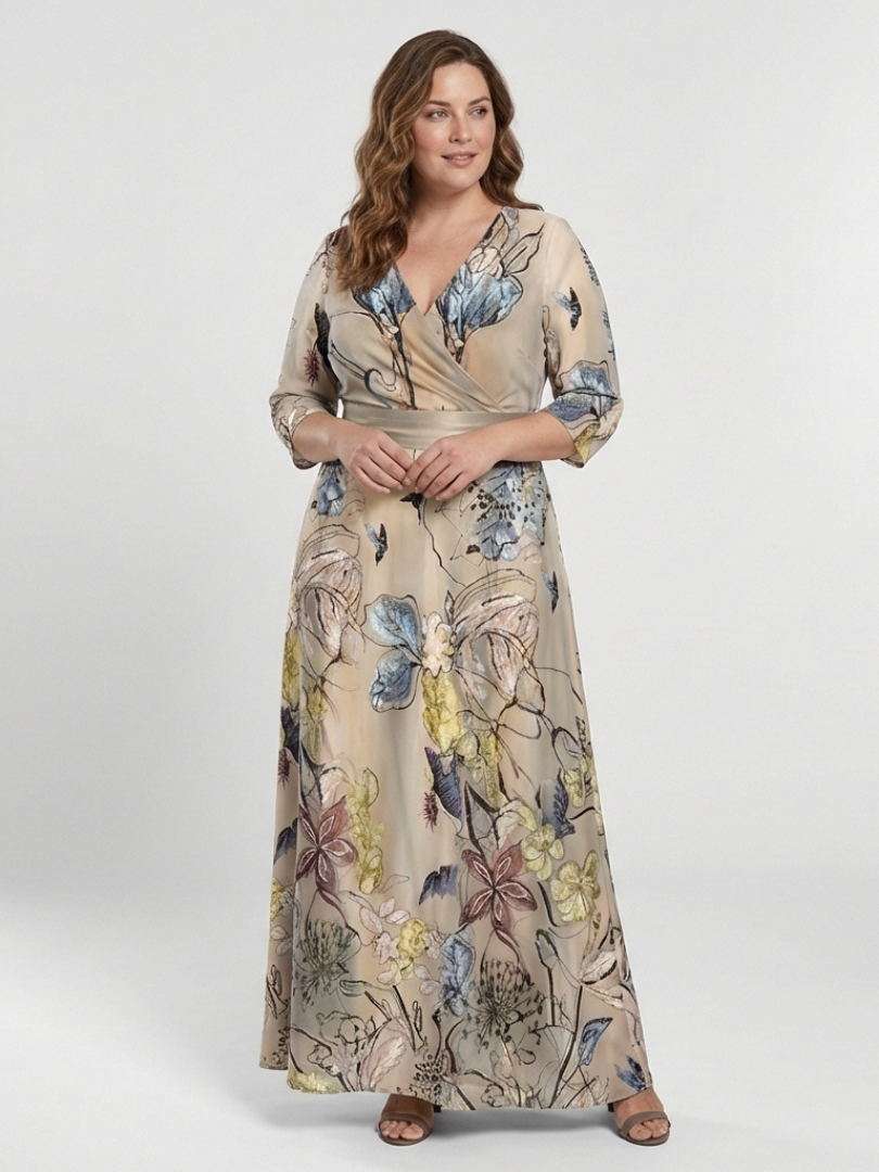 Floral Wrap Maxi Dress with Three-Quarter Sleeves