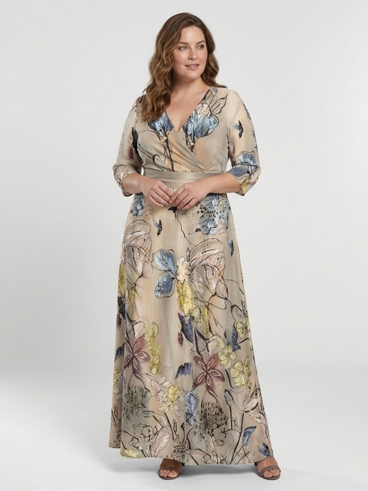 Floral Wrap Maxi Dress with Three-Quarter Sleeves