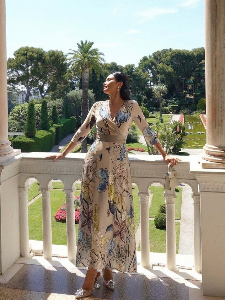 Floral Wrap Maxi Dress with Three-Quarter Sleeves