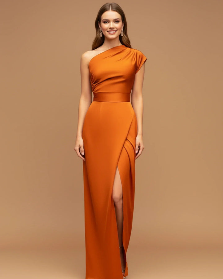 One-Shoulder Slit Wrap Wedding Guest Maxi Dress