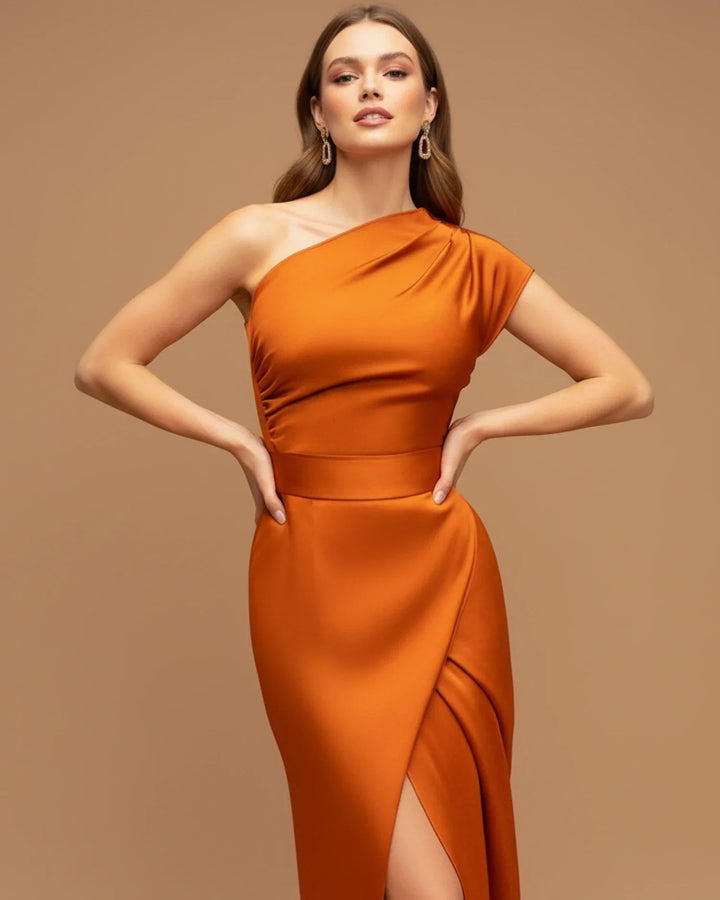 One-Shoulder Slit Wrap Wedding Guest Maxi Dress