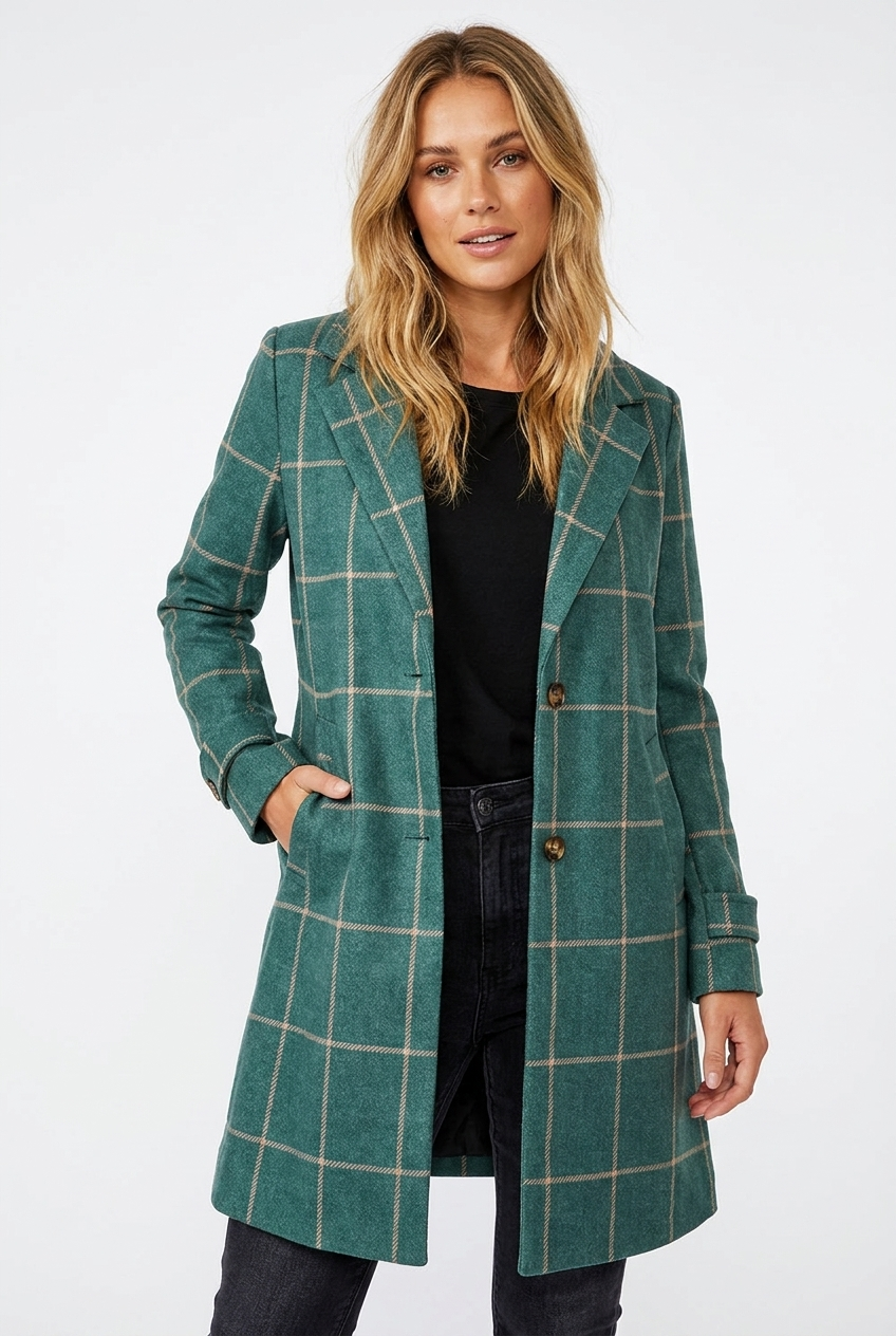 Tessa | Refined Women's Trench Coat with Windowpane Check Print and Notched Lapel