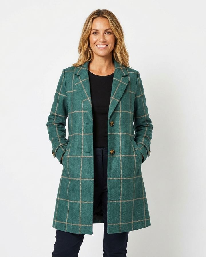 Tessa | Refined Women's Trench Coat with Windowpane Check Print and Notched Lapel