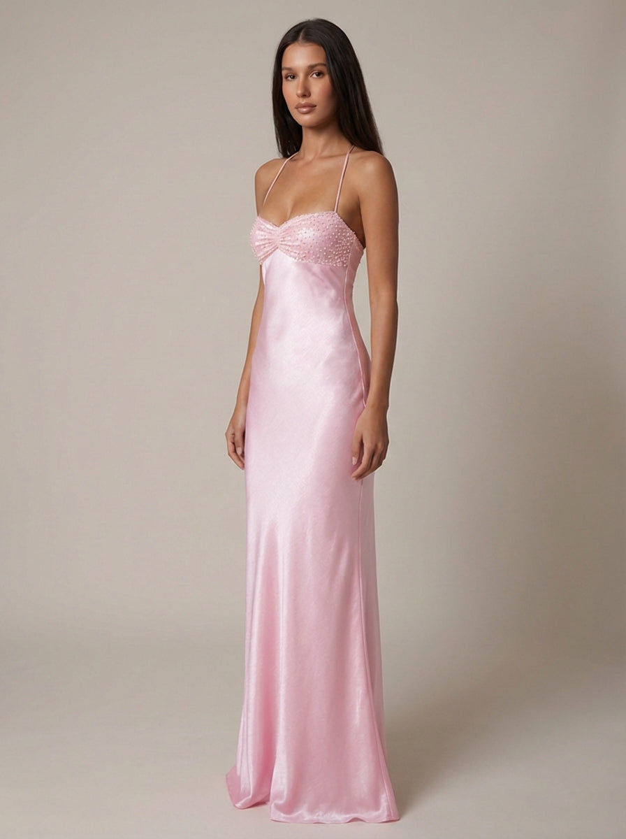 Formal Beaded Halter Maxi Dress