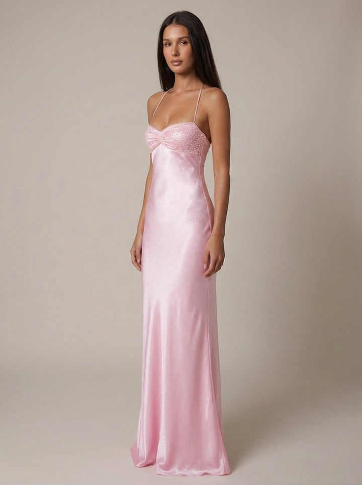 Formal Beaded Halter Maxi Dress