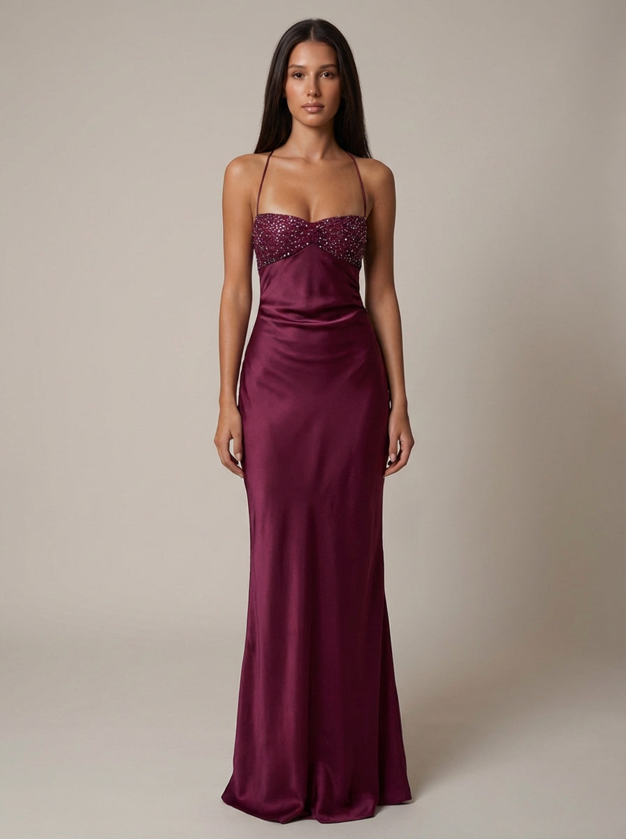 Formal Beaded Halter Maxi Dress
