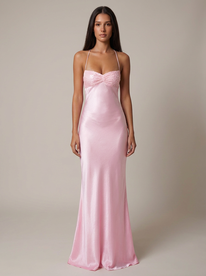 Formal Beaded Halter Maxi Dress